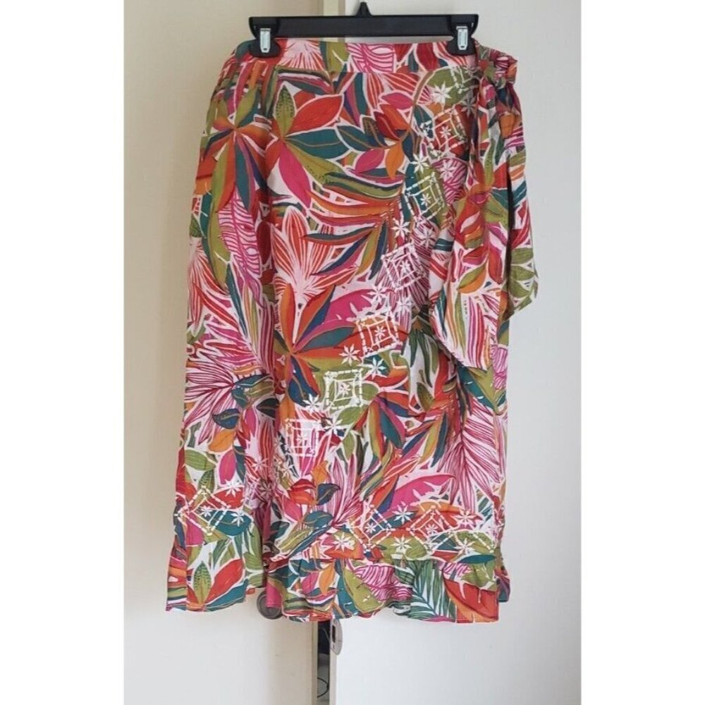 NWT C&C CALIFORNIA $60 FLORAL EMBROIDERED FAUX WRAP RUFFLE MIDI SKIRT SZ XL